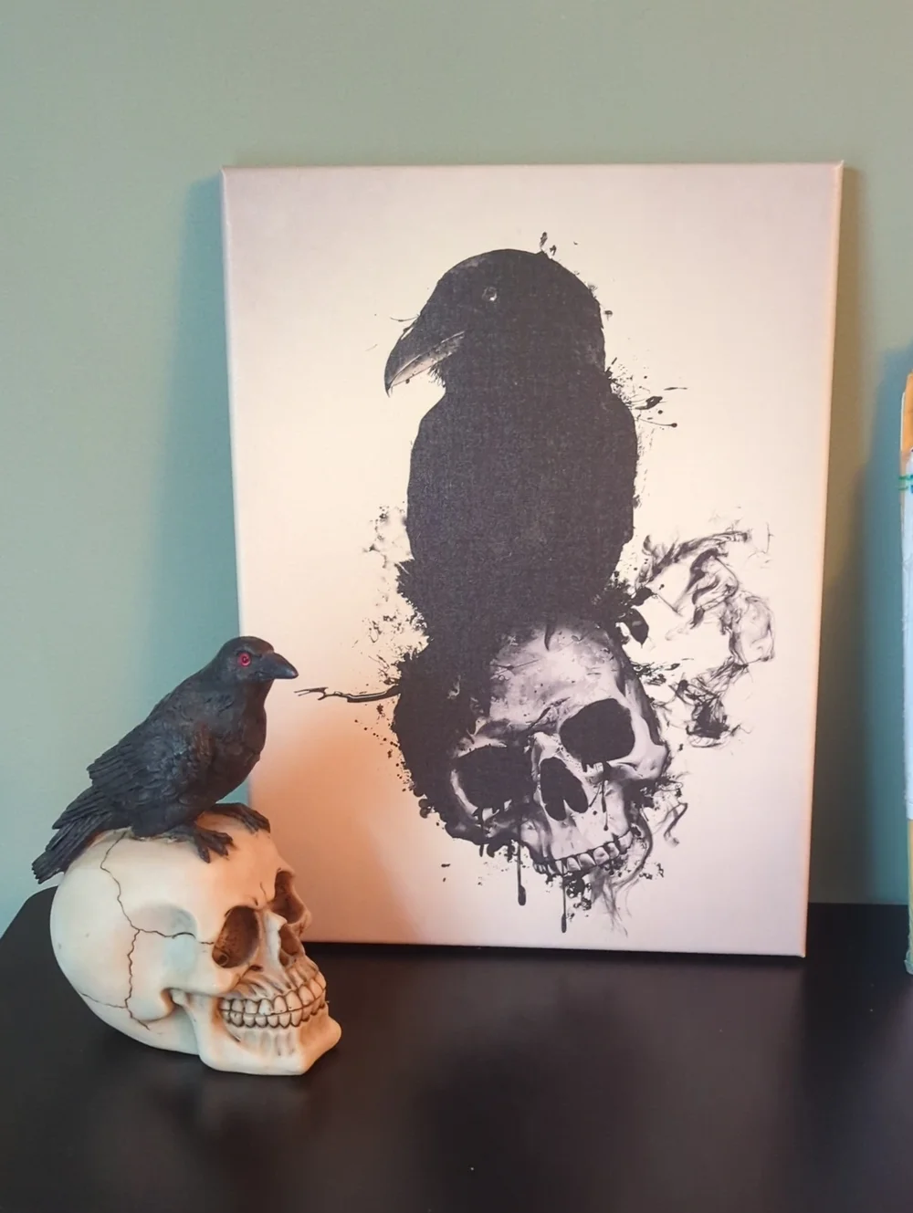 Raven and Skull Canvas Art - Black on Cream